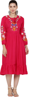 PAVONINE Rani Color Flower Embroidery Dress For Women - Distacart