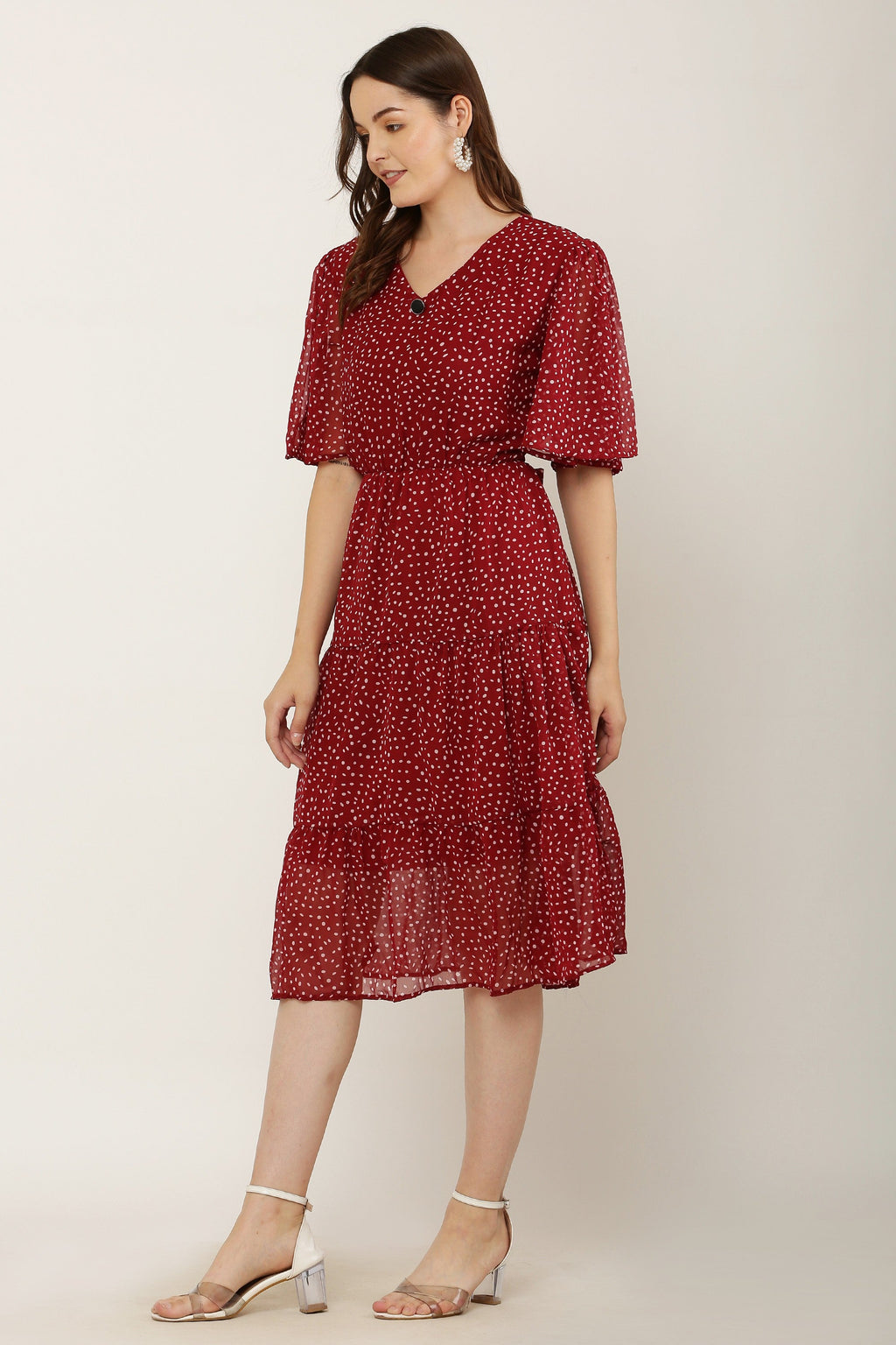 PAVONINE Micro Dots V-Neck Georgette Fabric Maroon Dress For Women - Distacart