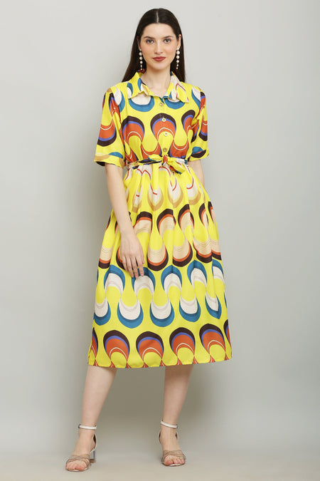 PAVONINE Zig-Zag Multi-Colors Printed Crepe Fabric Yellow Dress For Women