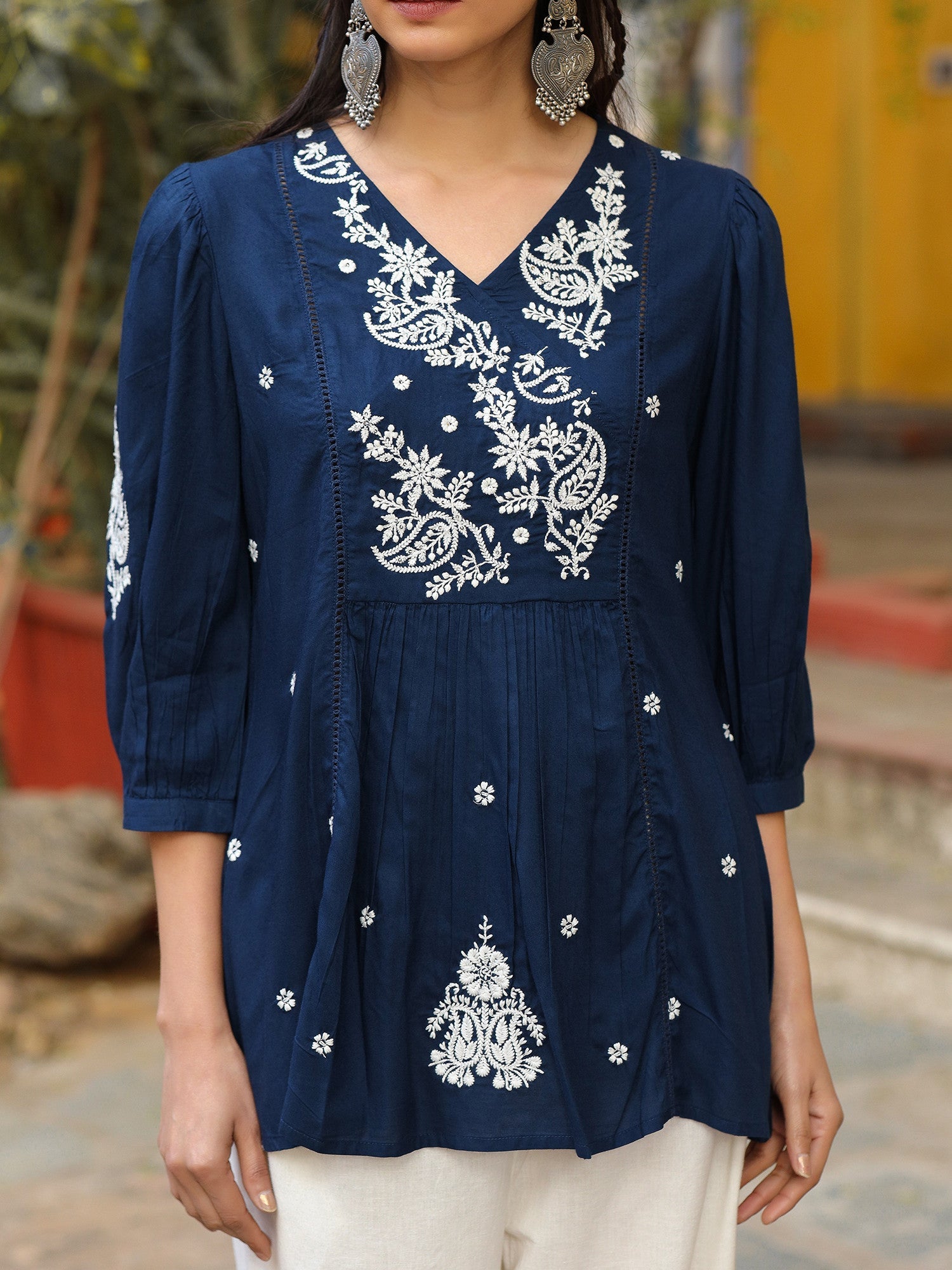 Juniper Women Navy Blue Rayon Embroidered Tunic