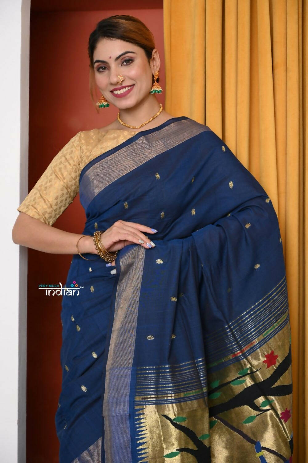 Very Much Indian Handloom Pure Cotton Paithani Saree- Royal Blue - Distacart