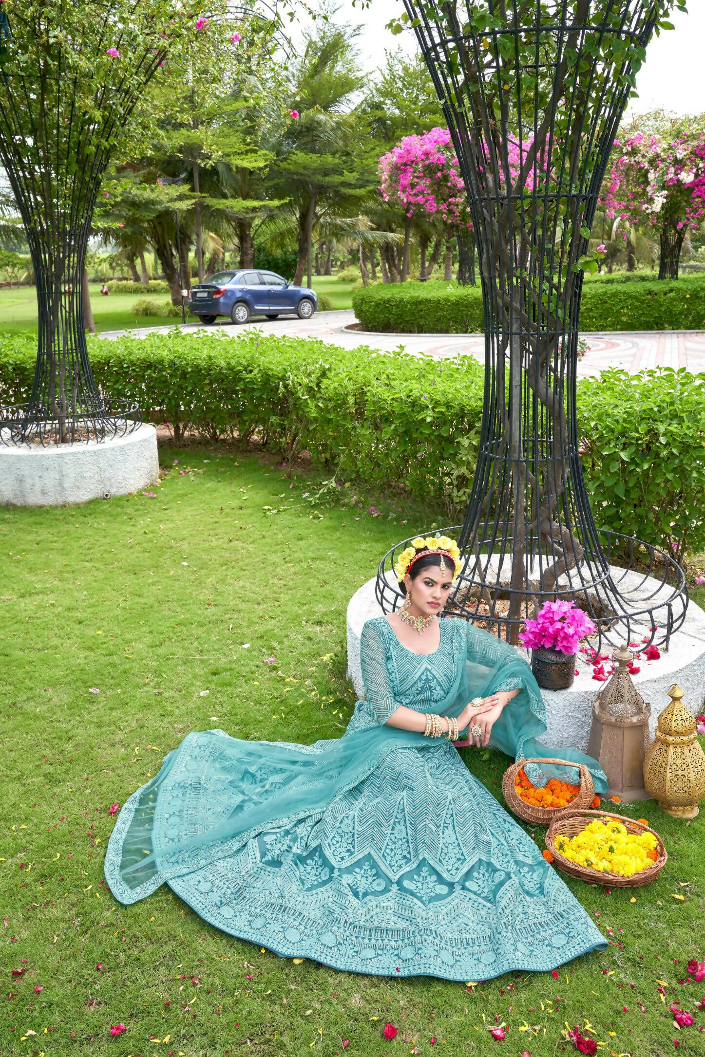 Blue Net Embroidered Semi Stitched Lehenga Choli with Dupatta - Bhagya