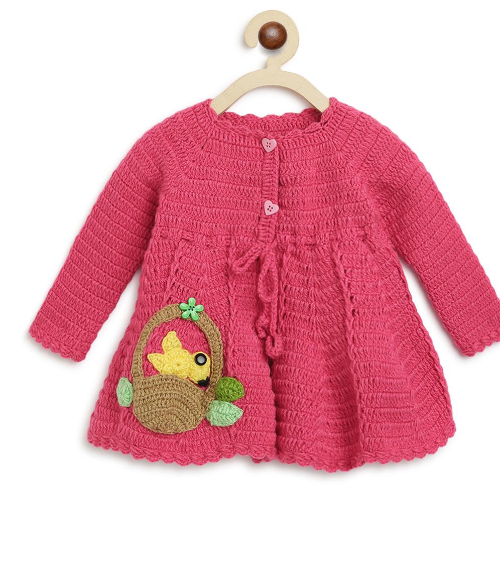 ChutPut Hand knitted Crochet Floral Basket Wool Dress For Baby Girls - Pink