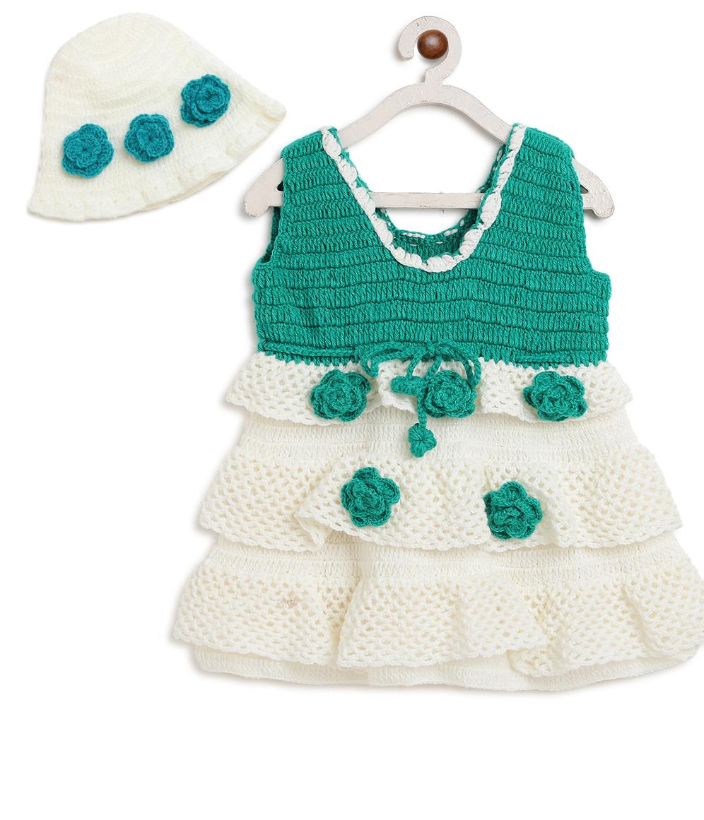 ChutPut Hand knitted Crochet Floral Evening Dress For Baby Girls - Cream