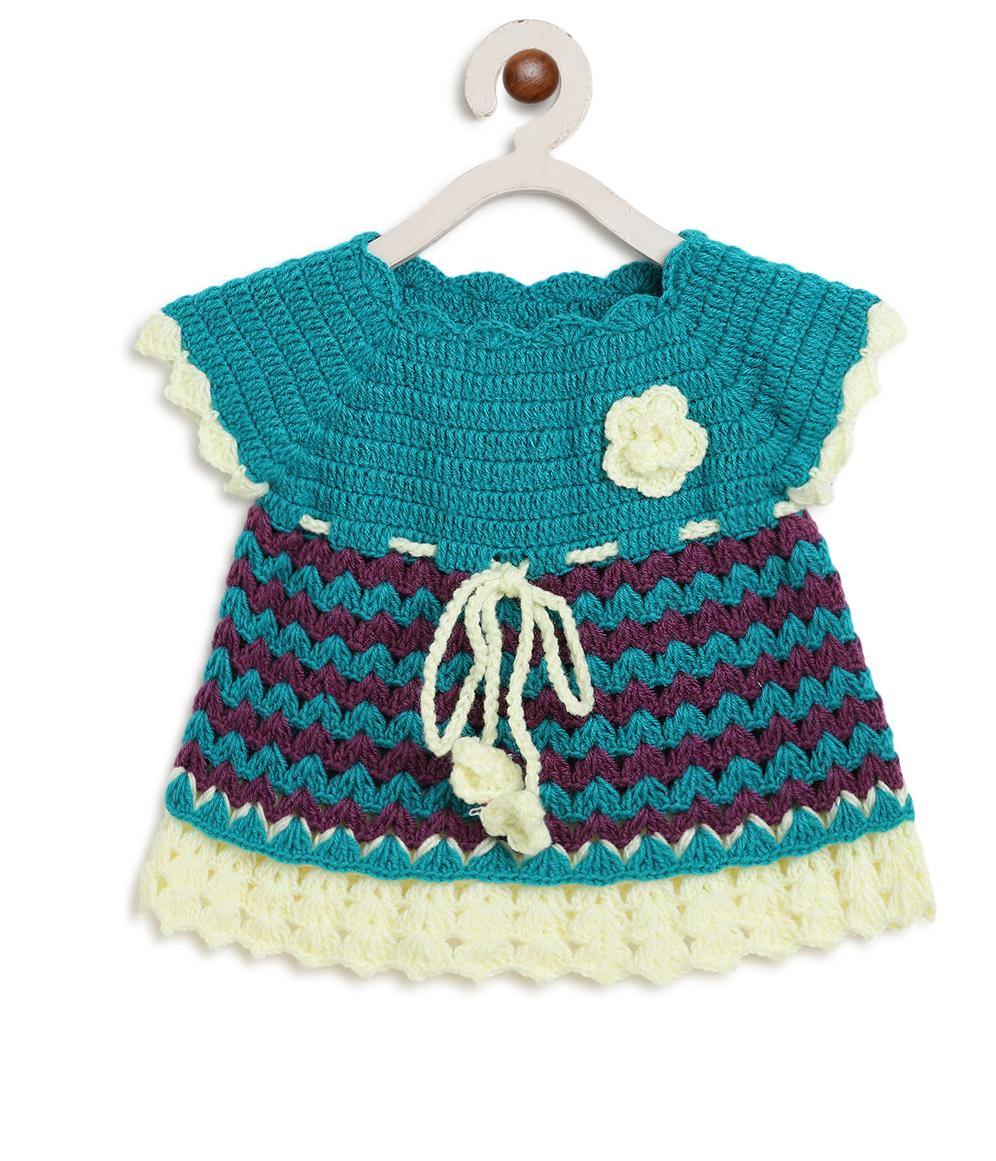 ChutPut Hand knitted Crochet Adorable Wool Dress For Baby Girls - Green