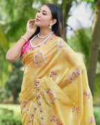 Teeya Creation Yellow Color Pure Paper Silk Heavy Embroidery Work Wedding Wear Saree - Distacart