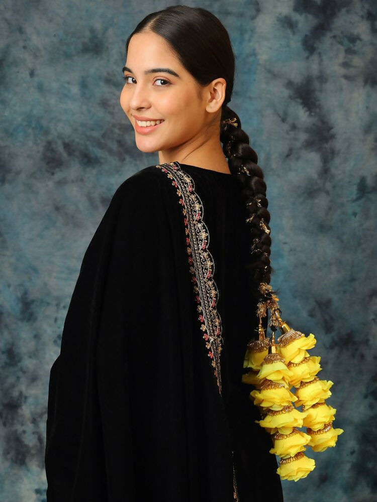 Ruby Raang Gold Gota Pati Work And Yellow Rosses With Black Thread & Golden Stones - Distacart