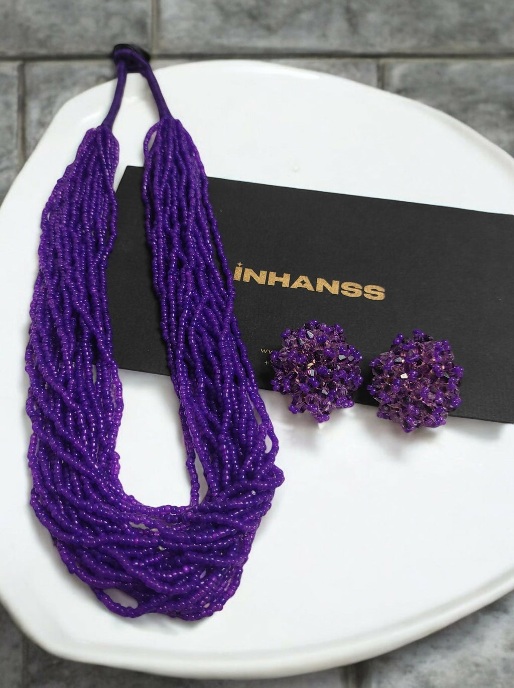 Inhanns Vibrant Handmade 20 Layers Beaded Necklace With Matching Earrings - Purple