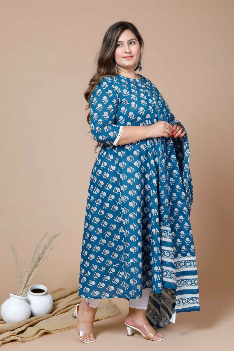 Miravan Women's Plus Size Blue Printed Anarkali Kurta With Dupatta