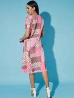 Myshka Women Multi-Geometric Rayon A-Line V-Neck Dress - Distacart