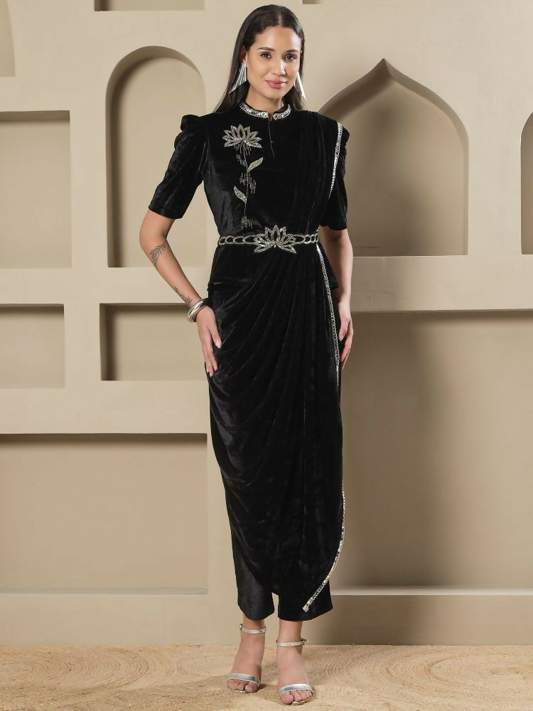 Joban Fashion Women Black Velvet Hand Embellishment Stitched Kurta Set - Distacart