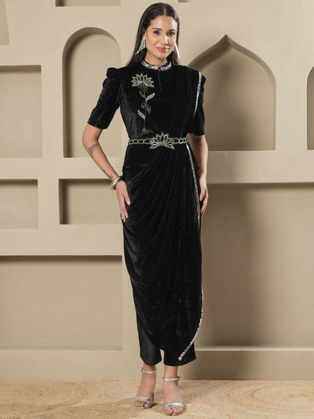 Joban Fashion Women Black Velvet Hand Embellishment Stitched Kurta Set