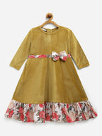 Ahalyaa Mustard Velvet Plain Kids Frilled Kurta For Girls