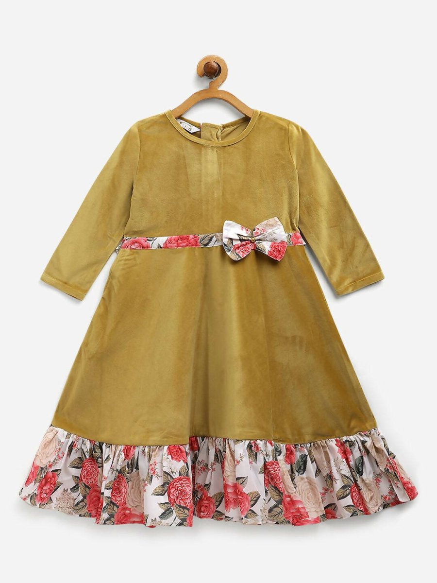 Ahalyaa Mustard Velvet Plain Kids Frilled Kurta For Girls