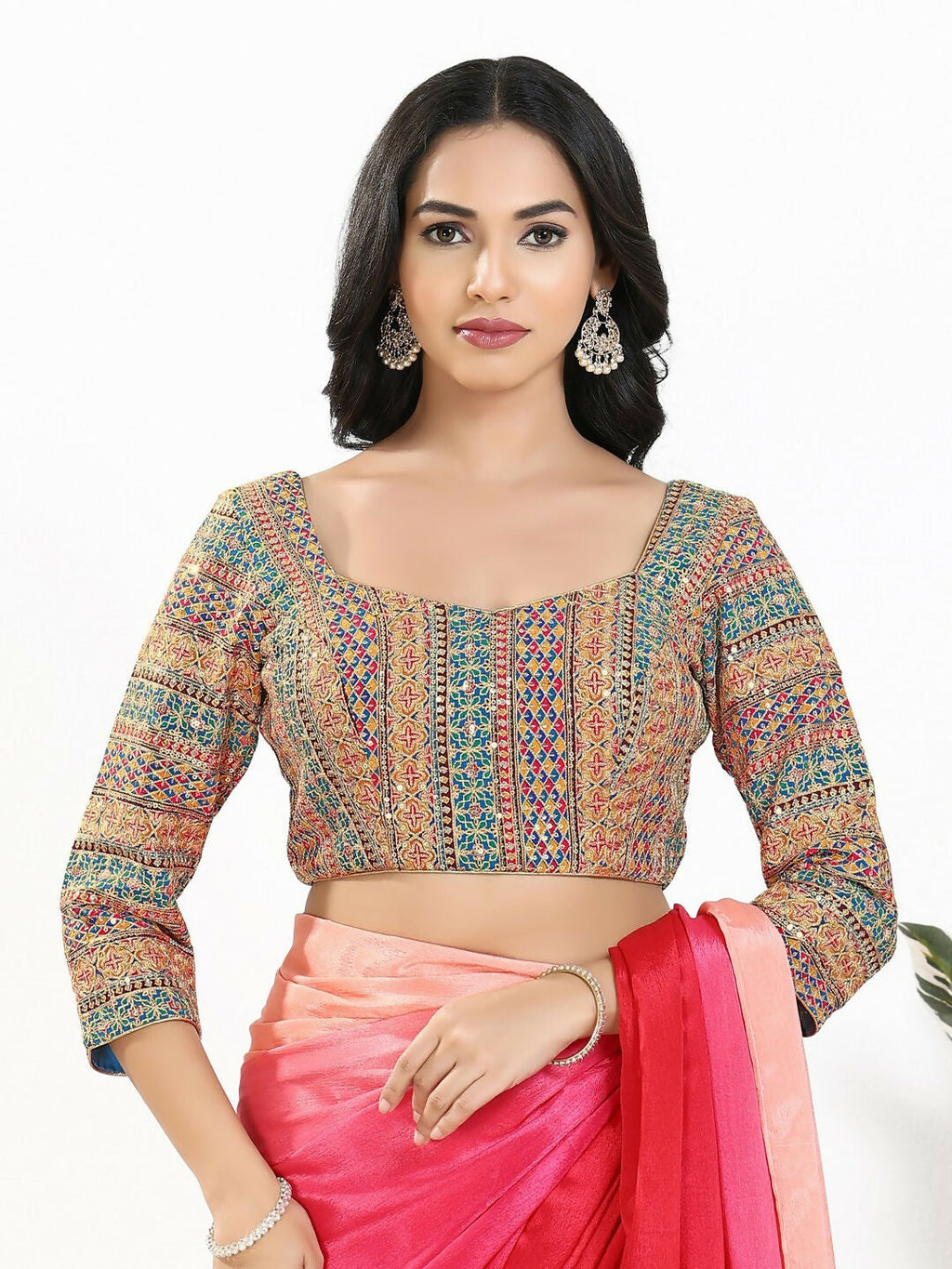 Joban Fashion Blue Multi Silk Padded Blouse With Sweetheart Neck 3/4 Sleeves - Distacart