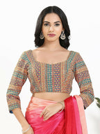 Joban Fashion Blue Multi Silk Padded Blouse With Sweetheart Neck 3/4 Sleeves - Distacart