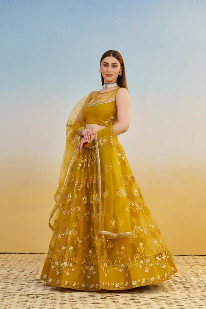 Aastha Fashion Mustard Yellow Butterfly Net Tone To Tone Cotton Thread Work And Sequence Work Embroidery Wedding Wear Lehenga Choli
