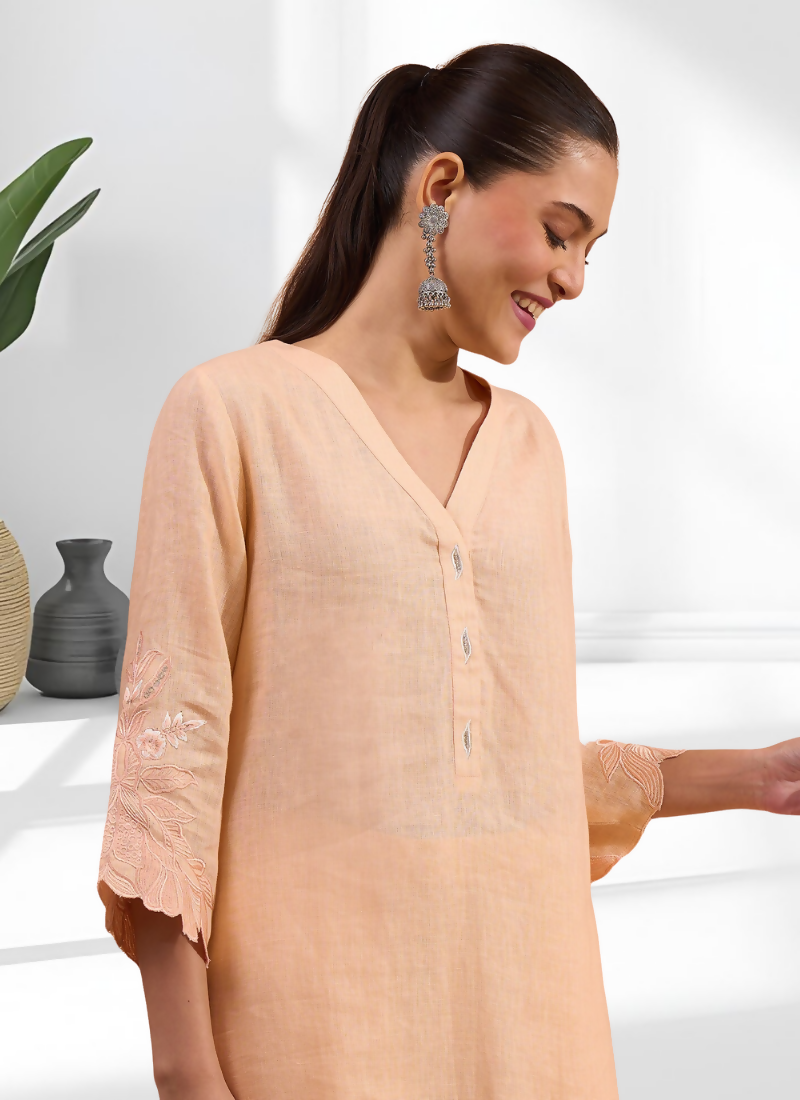 Joban Fashion Coral Linen Embroidered Readymade Long Kurta With Pant - Distacart