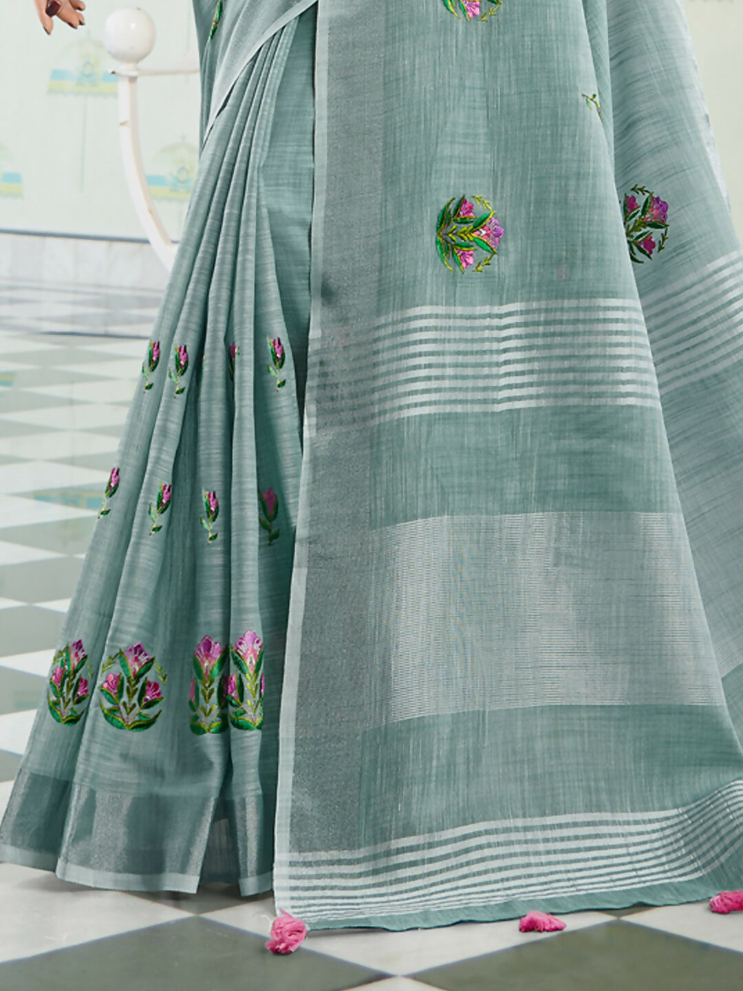Shree Shyam Fashion Linen Sea Green Saree - Distacart