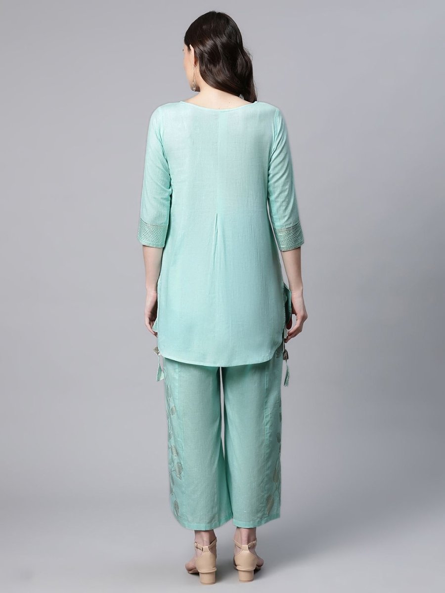 Ahalyaa Women Teal Pure Cotton Gold Foil Printed Pakistani Style Kurta Palazzo Set - Distacart
