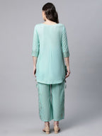 Ahalyaa Women Teal Pure Cotton Gold Foil Printed Pakistani Style Kurta Palazzo Set - Distacart