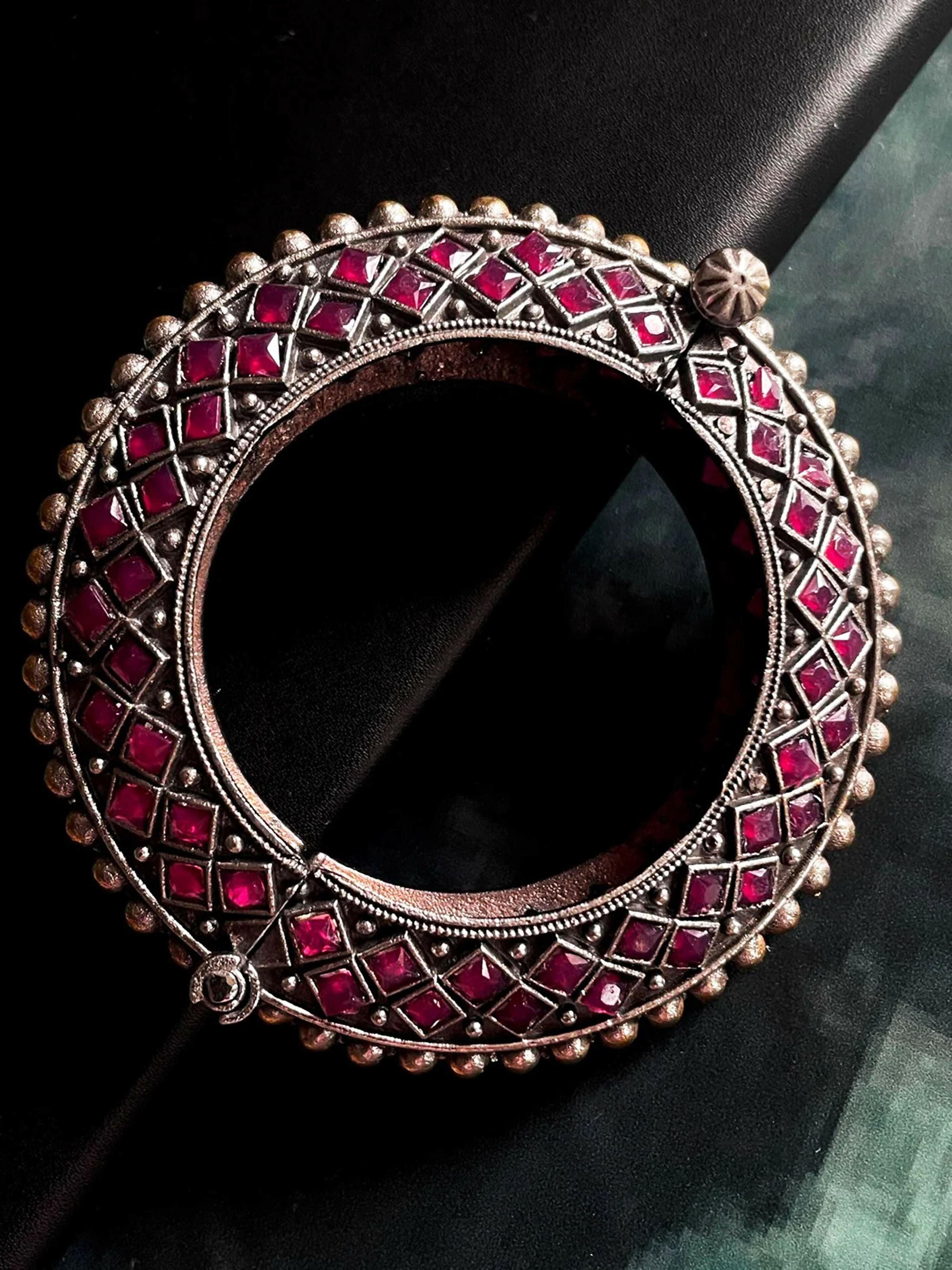 Joban Fashion Magenta Pink Brass Monalisa Stone Oxidized Heavy Party Wear Openable Kada - Distacart