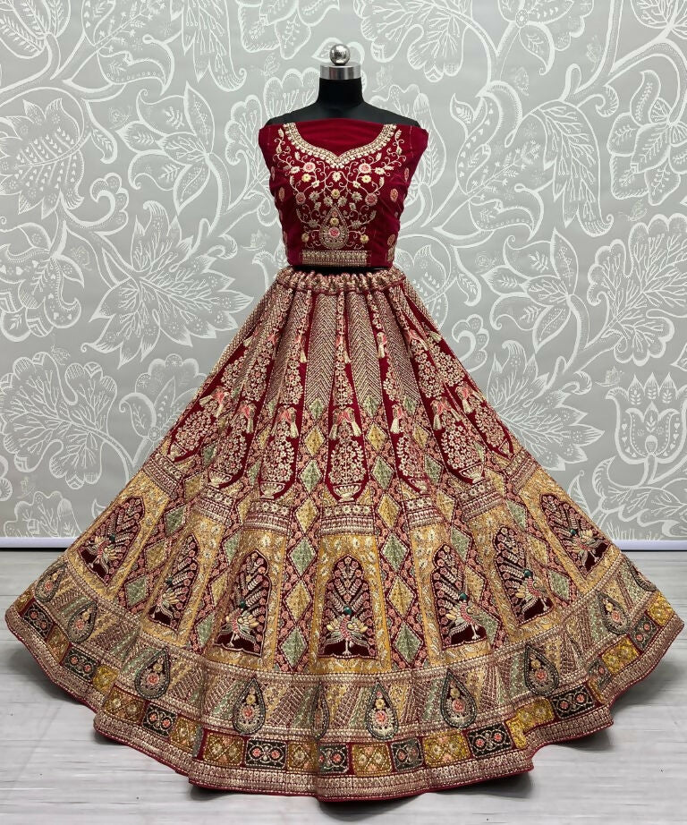 Jyoti Fashion Women's Rani Pink Velvet Fancy Dori, Zari with Multi Thread Embroidered Wedding Lehenga Choli