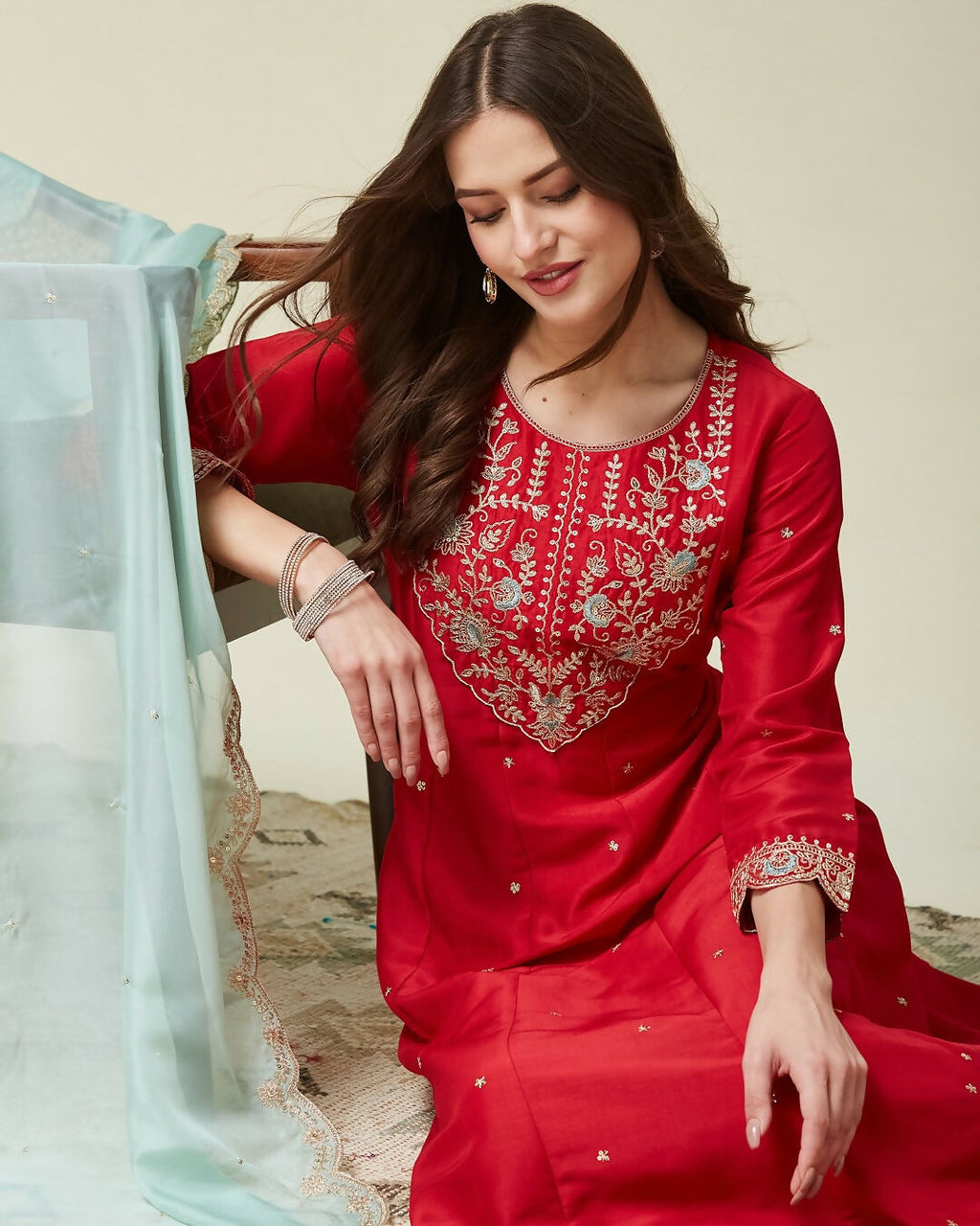 The52 Women's Beautiful Vichitra Fabric Embroidery Work Flared Anarkali Pant and Dupatta Set - Distacart