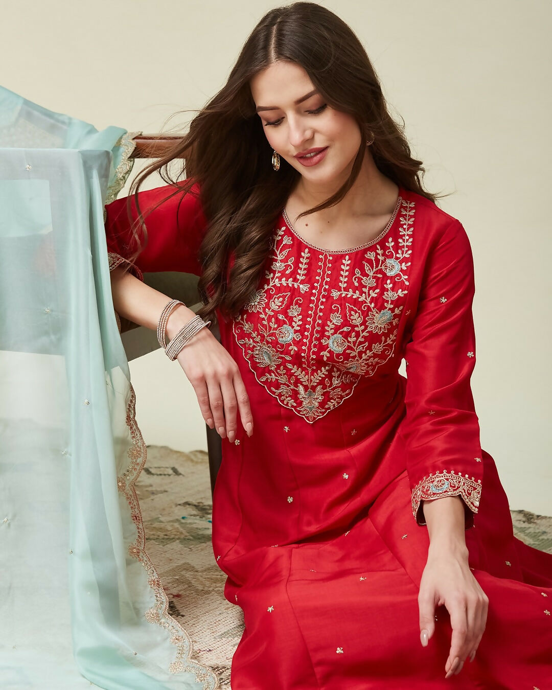 The52 Women's Beautiful Vichitra Fabric Embroidery Work Flared Anarkali Pant and Dupatta Set - Distacart