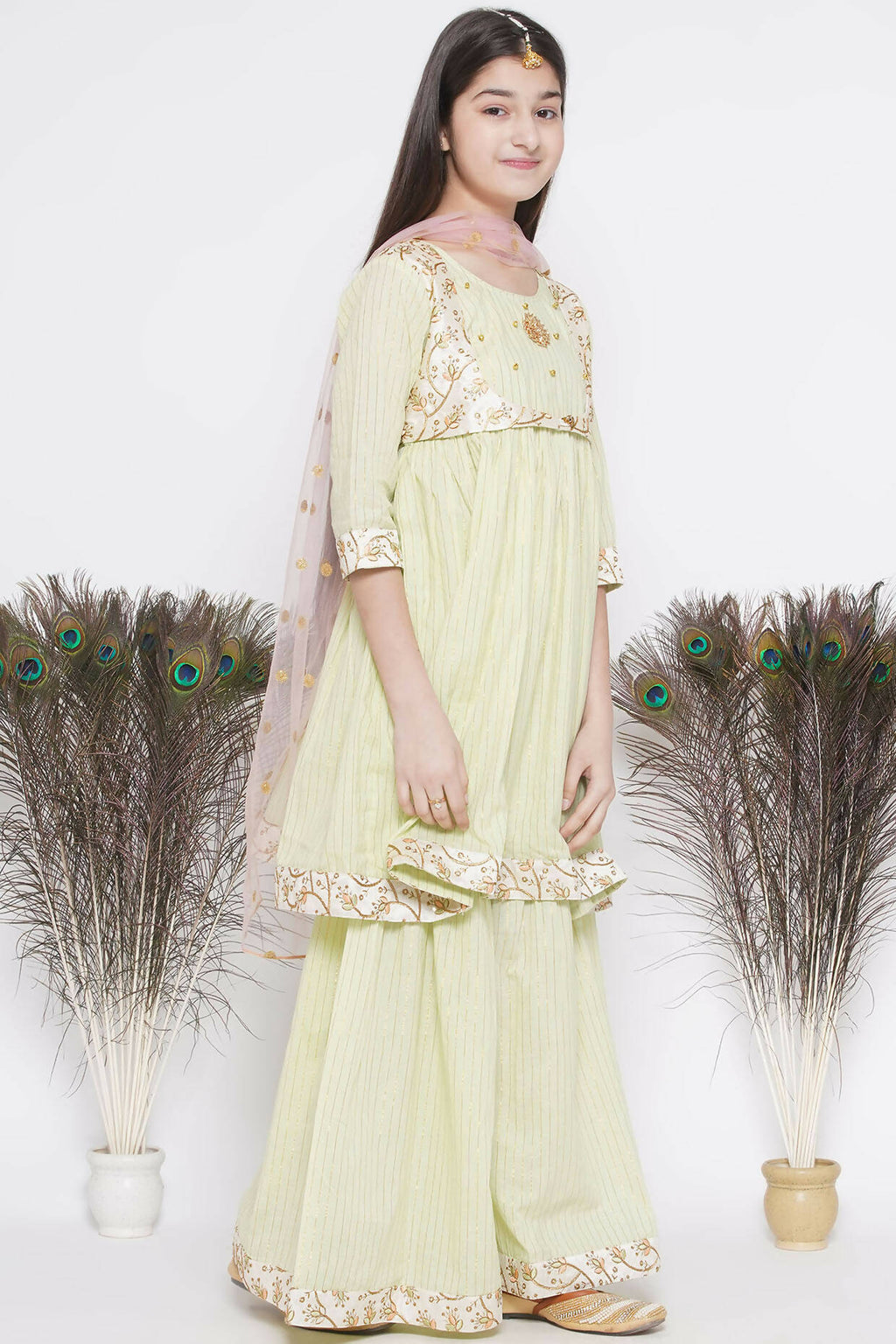 Little Bansi Floral Embroidery Jacket With Cotton Lurex Frock Sharara And Dupatta With Ghungroo Handwork - Bottle Green