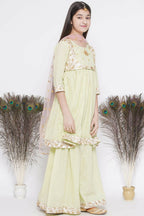 Little Bansi Floral Embroidery Jacket With Cotton Lurex Frock Sharara And Dupatta With Ghungroo Handwork - Bottle Green