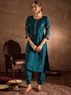 Indo Era Floral Embroidered Thread Work Straight Kurta With Trousers & Dupatta - Distacart