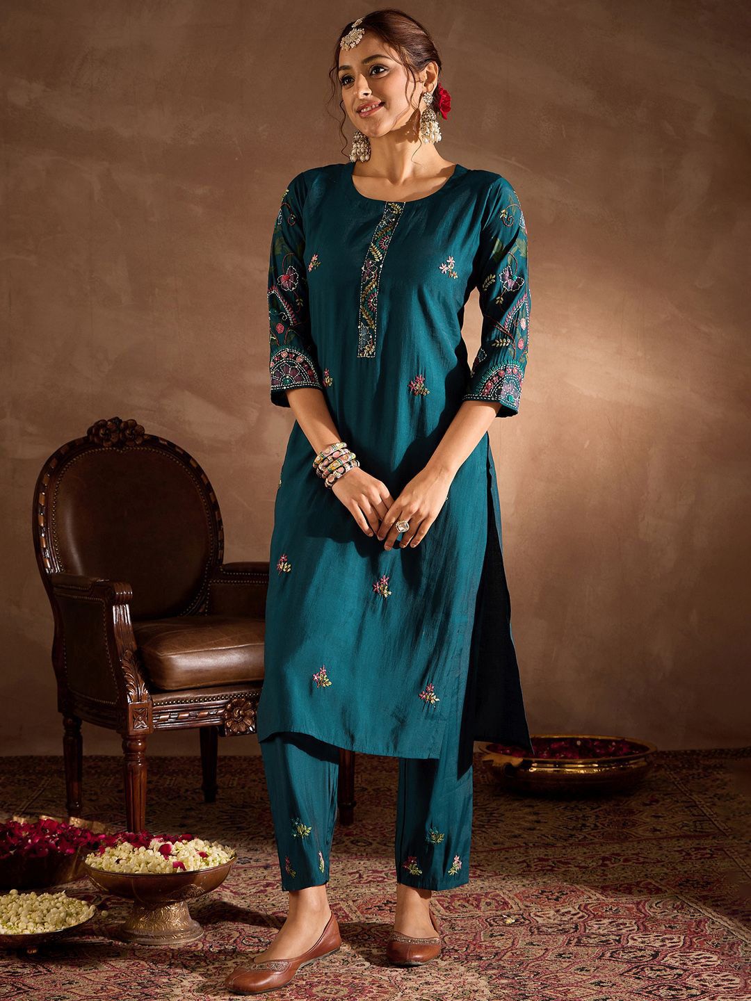 Indo Era Floral Embroidered Thread Work Straight Kurta With Trousers & Dupatta - Distacart