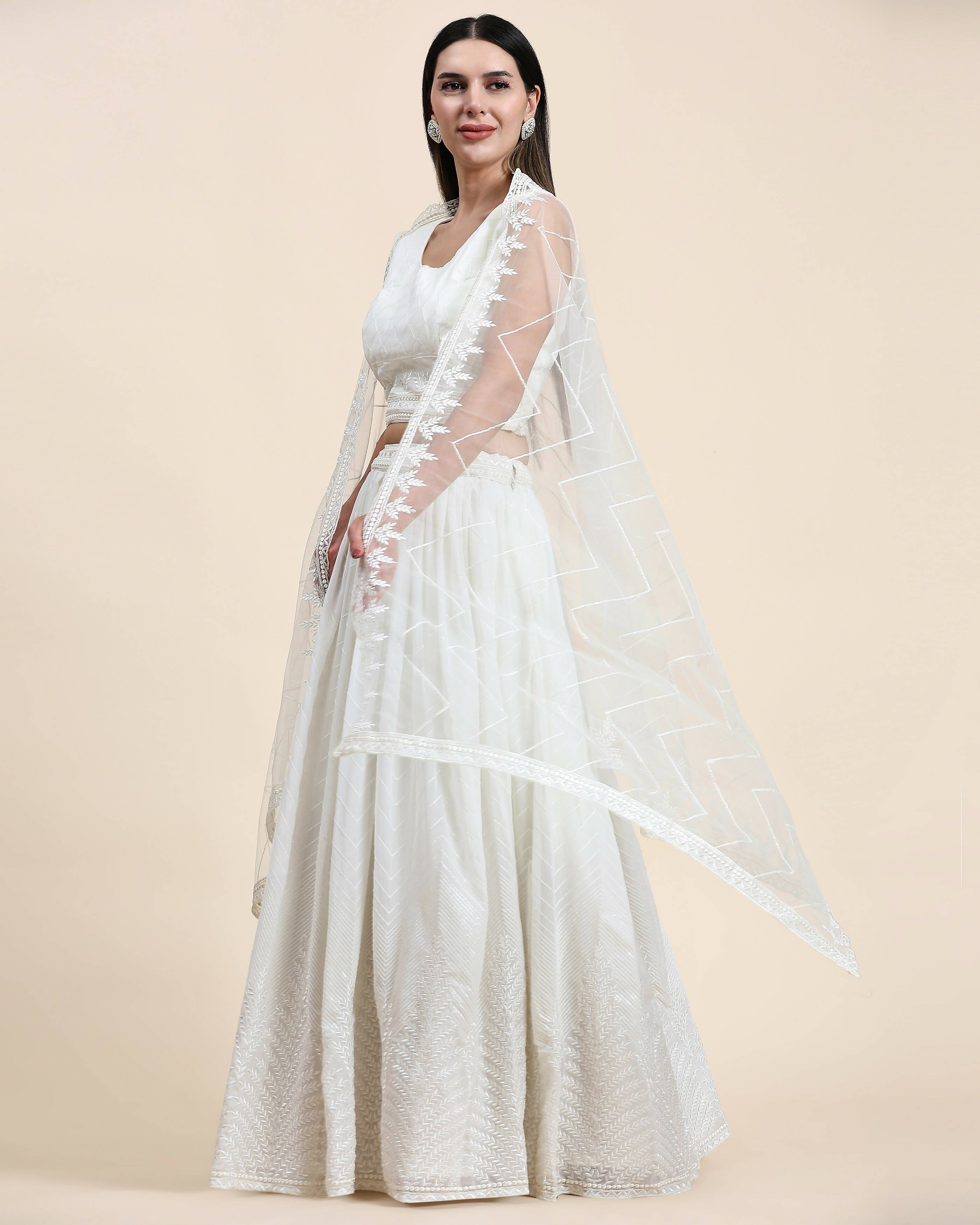 White Pure Viscose Georgette Sequence Embroidery work Lehenga Choli with Dupatta - Aakriti