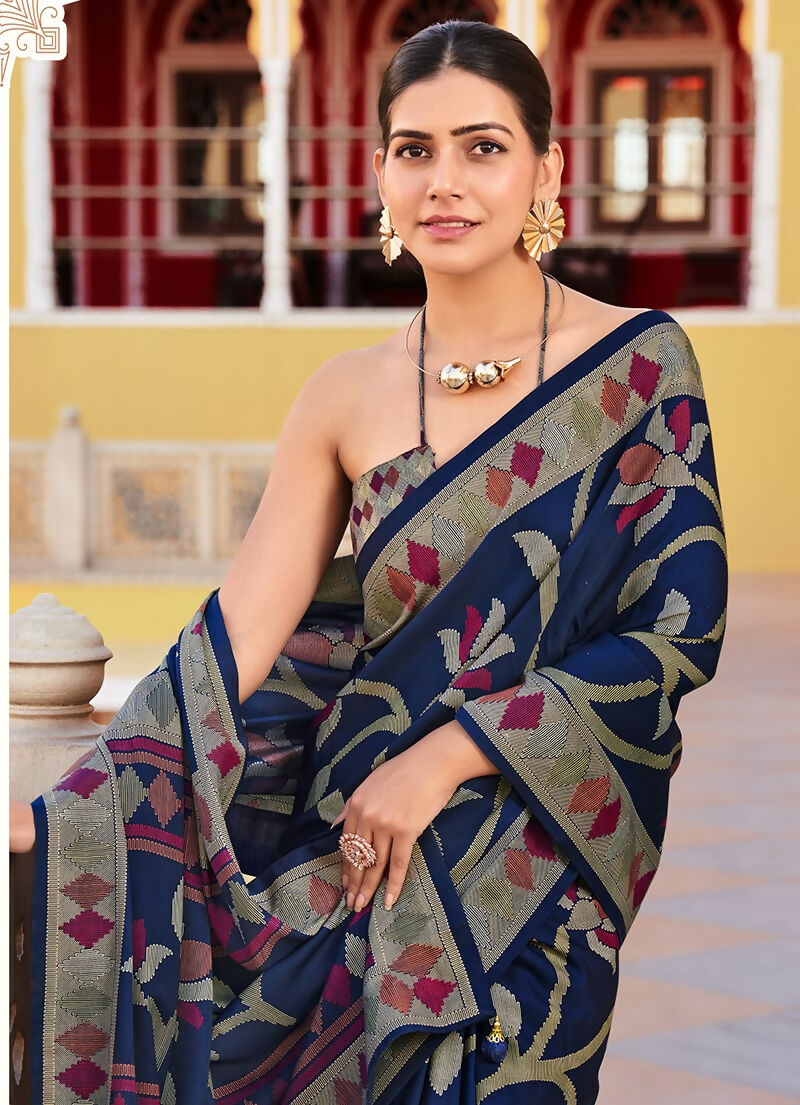 Monjolika Fashion Silk Blend Navy Blue Printed Saree - Distacart