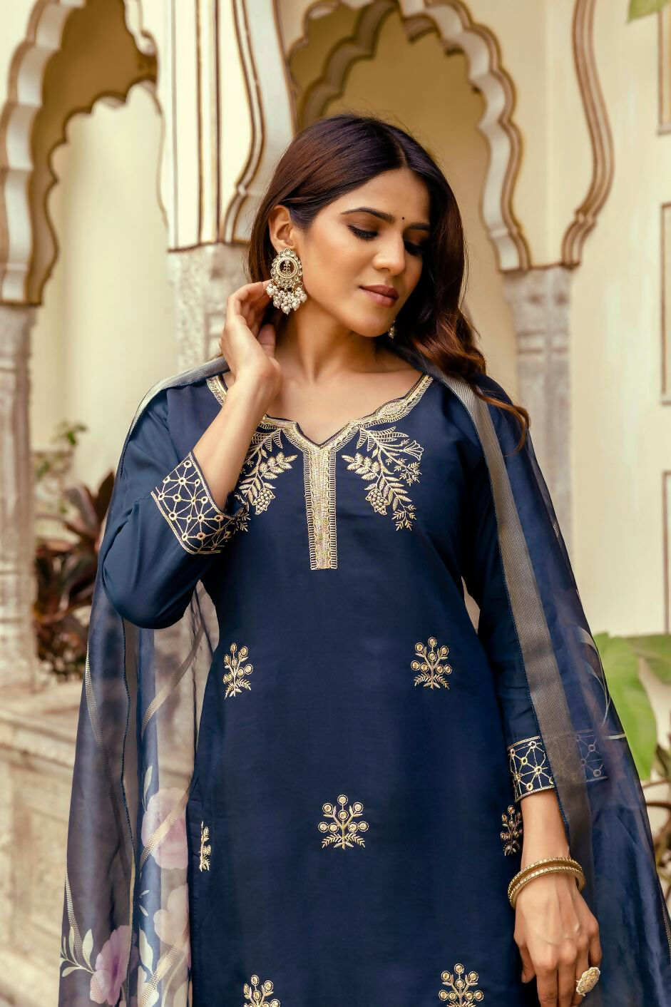 The52 Navy Blue Women's Beautiful Viscose Chanderi Fabric Thread Work Straight Kurta Pant and Dupatta Set - Distacart