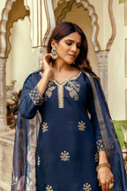 The52 Navy Blue Women's Beautiful Viscose Chanderi Fabric Thread Work Straight Kurta Pant and Dupatta Set - Distacart