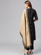 Ahalyaa Women's Black Poly Silk Printed Kurta Pant With Dupatta