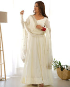 Lehenga Mart Designer Anarkali Suit With Kurta, Pant, Dupatta For Women-Off White - Distacart