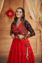 Red Viscose Rayon Navratri Lehenga Choli With Dupatta - Raas
