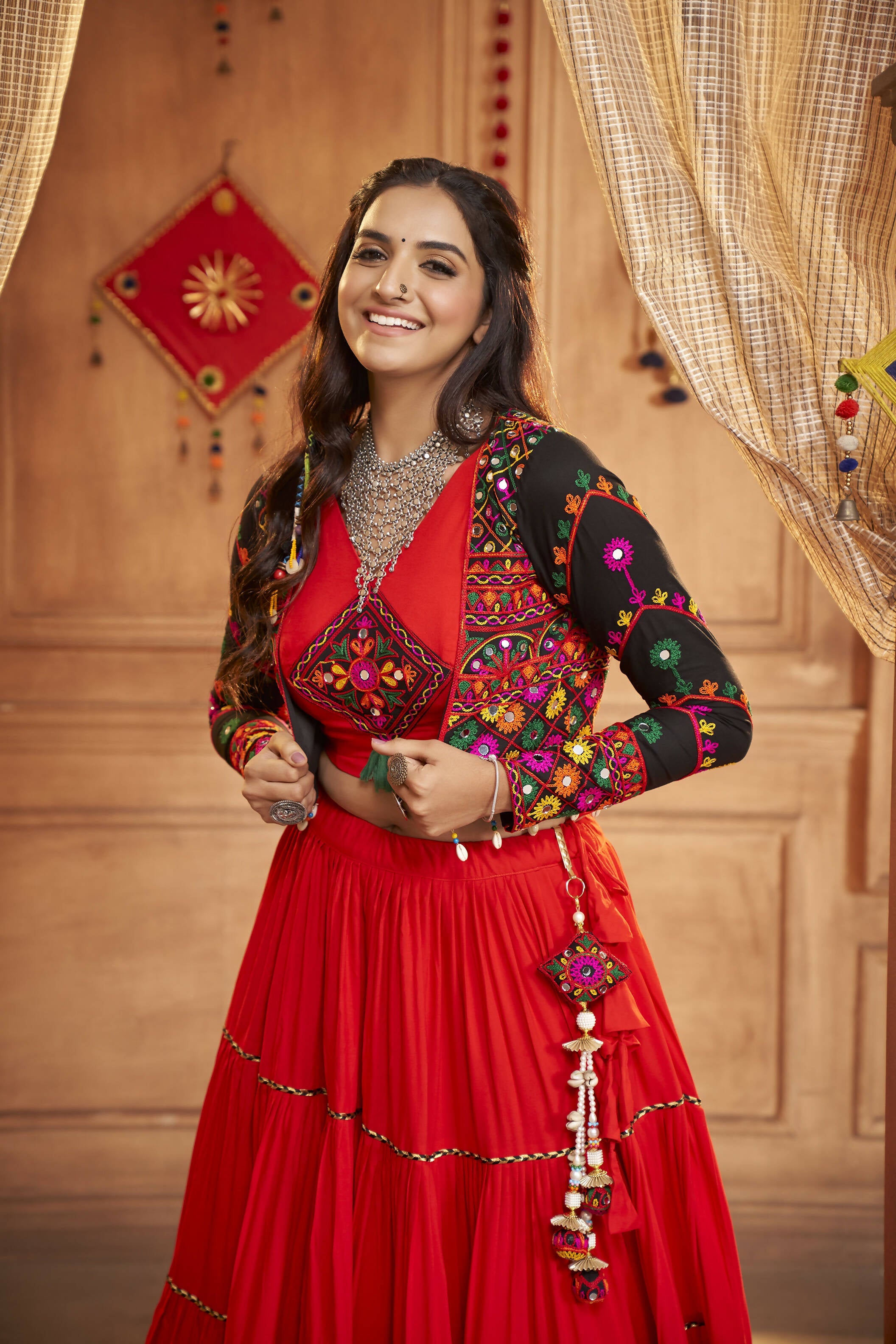 Red Viscose Rayon Navratri Lehenga Choli With Dupatta - Raas