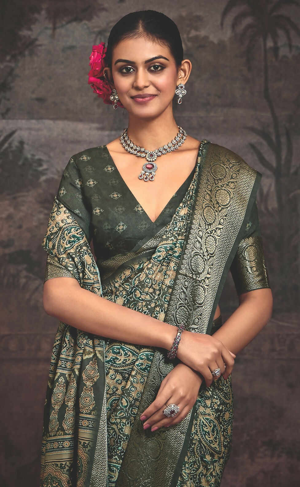 Joban Fashion Green Art Silk With Fine Viscose Border Ajrak Full Body Print With Soft Finish Saree - Distacart
