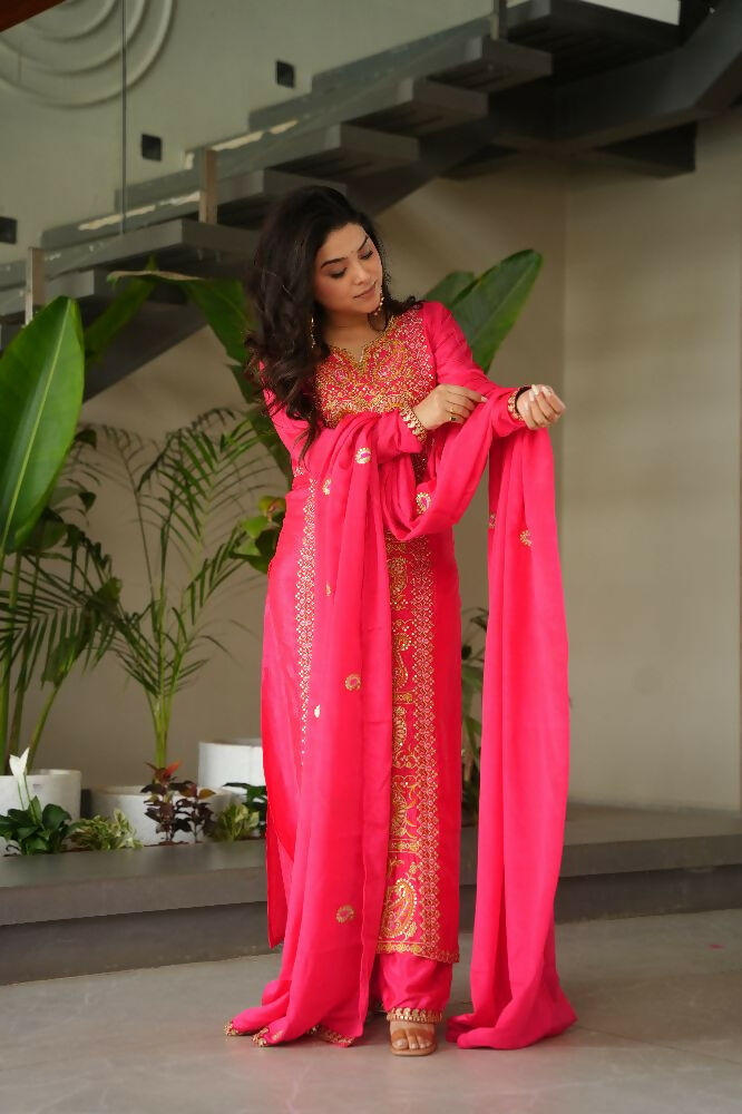Joban Fashion Gajri Kurta Set Silk Sequins , Zari, Coding & Thread Embroidered work - Distacart