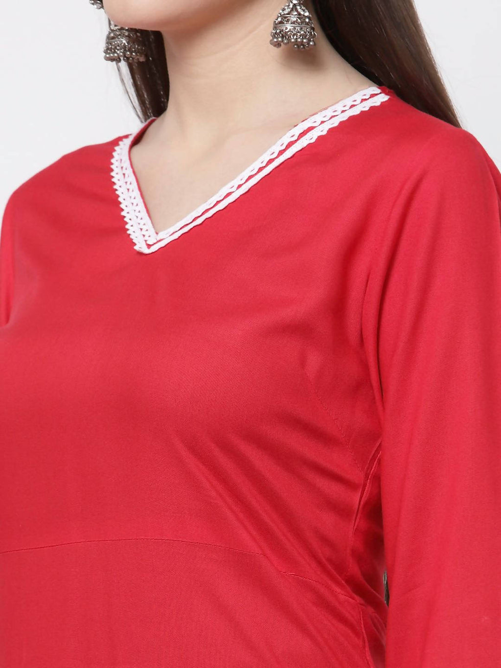 Myshka Pink Cotton Solid 3/4 Sleeve V Neck Casual Kurta Dupatta Set
