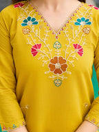 The52 Yellow Women's Gorgeous Embroidered work Viscose Gadhwal Fabric Straight Kurta, Pant and Dupatta Set - Distacart