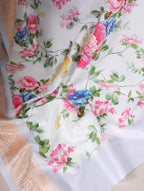 Vastranavya White Tussar Silk Printed with Viscose Border Saree with Unstitched Blouse - Distacart