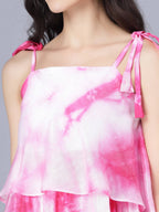 Myshka Women White Tie and Dye Dyed Layered A-Line Midi Dress - Distacart