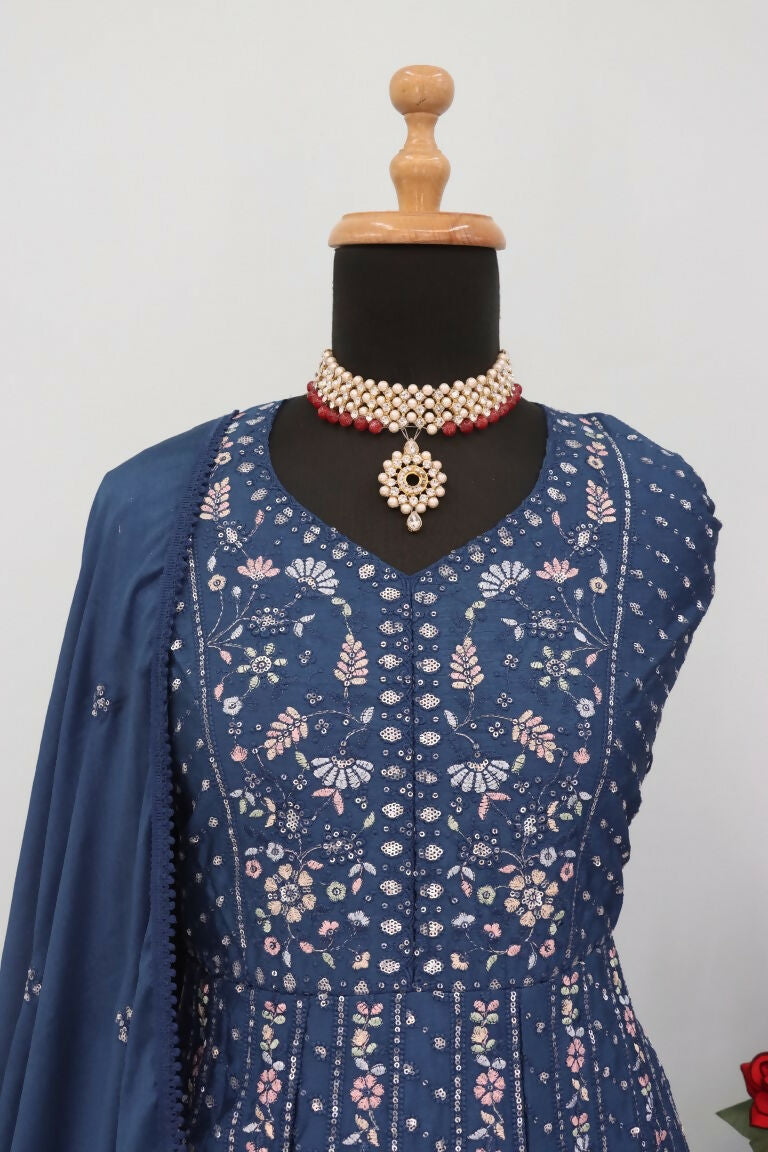 Vastranavya Teal Chikankari Embroidered Sequence Work Abaya Suit
