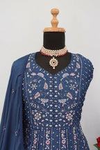 Vastranavya Teal Chikankari Embroidered Sequence Work Abaya Suit