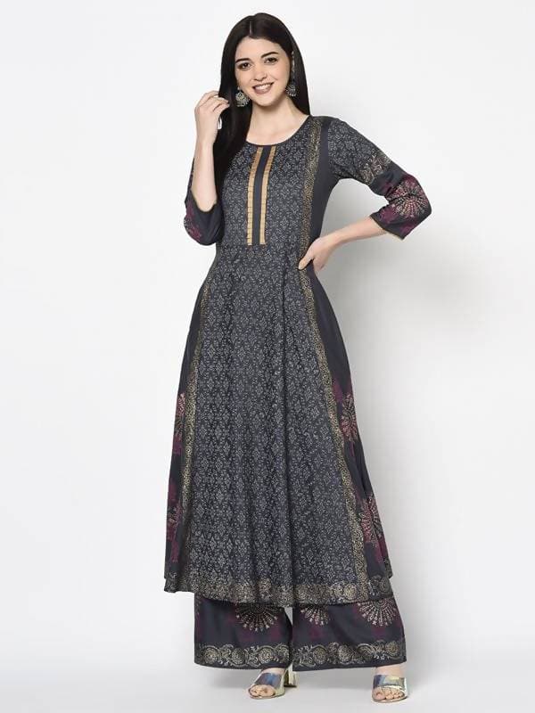 Aniyah Rayon Dark Grey Color Block Print Flared Slip-On Palazzo (AN-201K)